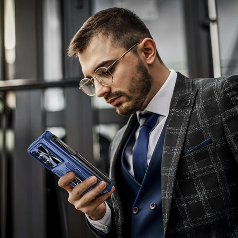 VEGO Blue Case for Samsung Galaxy Z Fold 6 with S Pen Holder, Hinge Protection, 360° Ring Kickstand