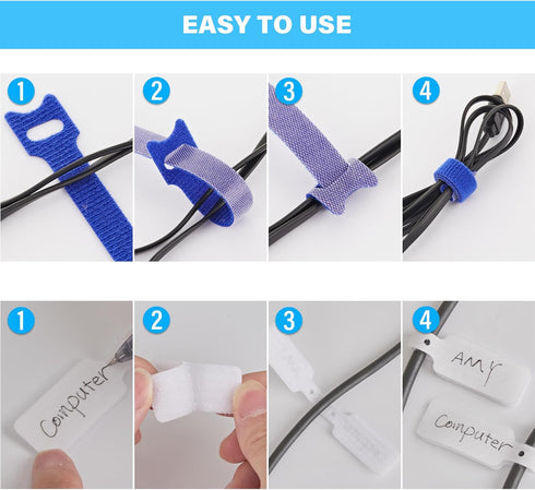 70 PCS Reusable Cable Ties with Hook and Loop, Adjustable Cable Management Wire Ties & 10 PCS Cable Labels, Black+White