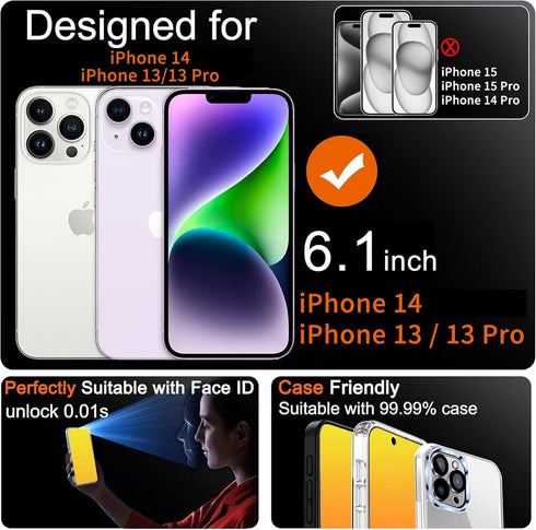 2 Pack Privacy Screen Protector for iPhone 14 / iPhone 13 / iPhone 13 Pro, Anti-Spy Tempered Glass, Gradient Colorful