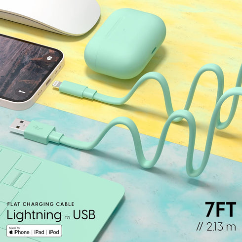 TALK WORKS Flat Lightning Charging Cable 5-7' Mint Green for iPhone 14/Plus/Pro/Pro Max, 13/Mini/Pro/Pro Max, 12/11/10/8