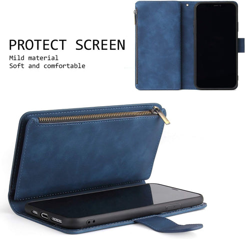 UEEBAI Wallet Case for iPhone 6/iPhone 6S - PU Leather Magnetic Closure Handbag with Zipper Pocket, Blue