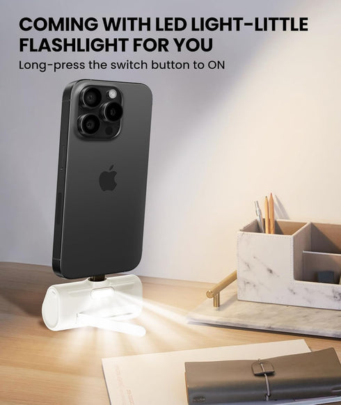 White Mini Portable Charger for iPhone with Built-in Metal Stand, 5000mAh 15W PD Fast Charging Power Bank