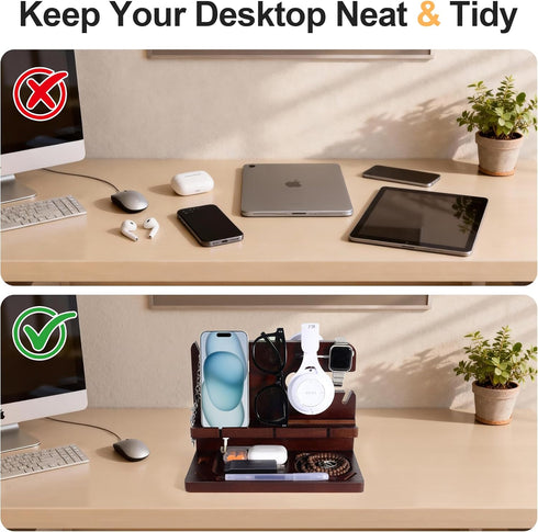 Oraich Wooden Phone Docking Station for Men, Nightstand & Desktop Organizer, Charging Stand for Phone, Watch, Wallet