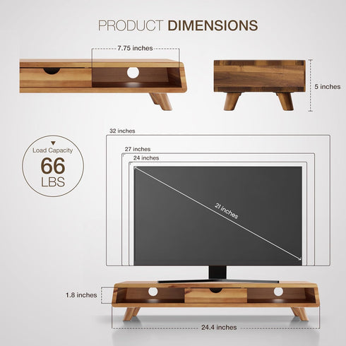 TINAMO Acacia Wood Monitor Stand with Drawer, Wooden Riser for Desk, Multi-Purpose Desktop Storage