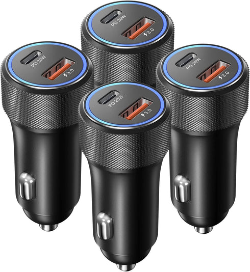 USB C Car Charger, OKRAY 4-Pack 36W Fast Charging Dual Port PD3.0 + QC3.0 Cigarette Lighter Adapter for iPhone