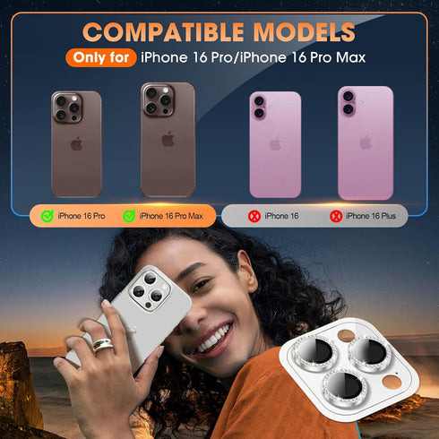 Xfilm iPhone 16 Pro/16 Pro Max Camera Lens Protector with Bling Metal Diamond Ring