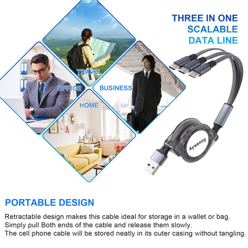 [2023 Upgraded 3 Pack USB Type C Retractable Cable - Fast Charging 3.3FT, for Galaxy S22, S21, S20
