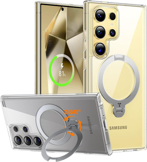TORRAS 360° Spin Magnetic Kickstand for Samsung Galaxy S24 Ultra Case - Compatible with MagSafe, Transparent Slim