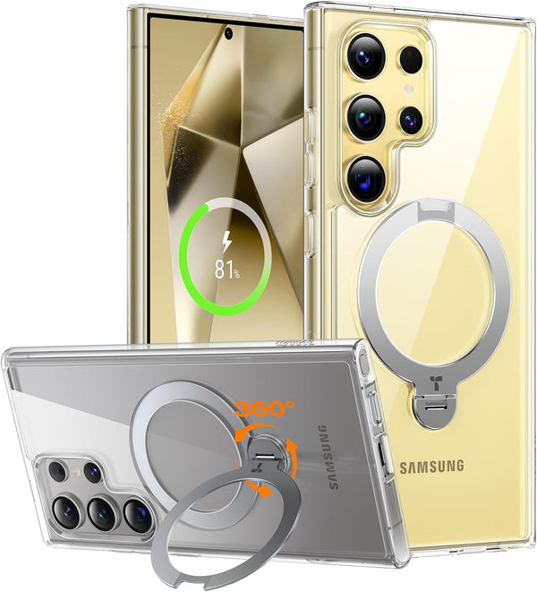 TORRAS 360° Spin Magnetic Kickstand for Samsung Galaxy S24 Ultra Case - Compatible with MagSafe, Transparent Slim