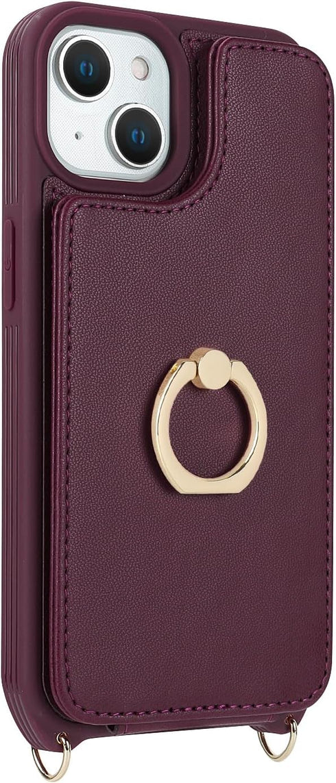 iPhone 15 Case with Card Holder and Strap for Women, Crossbody Lanyard, Stand Ring Kickstand, Phone Wallet Cases 6.1