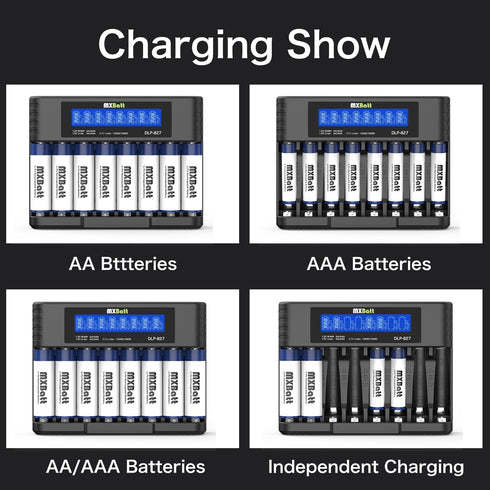 MXBatt 8 3400mWh 1.5V, 8 Packs 1500 AA Batteries Rechargeable Lithium with Charger Bay, Cycles, for Cordless Phones