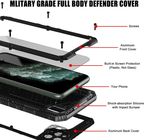 Mitywah Waterproof Case for iPhone 11 Pro Max, Heavy Duty Military Grade Metal Case with Built-in Screen Protection,