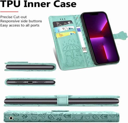 CCSmall PU Leather Flip Wallet Case for iPhone 14 Plus, Cute Cat Dog Cartoon Style with ID Card Holder