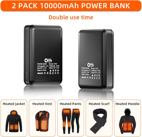 QTREE intelligence 2 Pack 5V2.4A 10000mAh Pack Power Bank for Heated Jacket Vest Underwear Pants, Portable Dual USB
