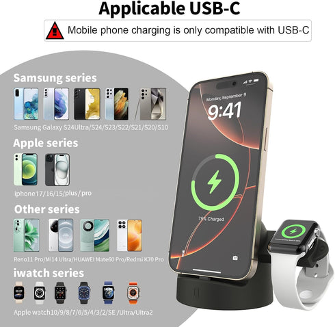 Manopola 15W iPhone15/16/17/Samsung,for iwatch10/9/8/7/6/5/4/3/2/SE/Ultra/Ultra2 Charger Stand for Apple Watch