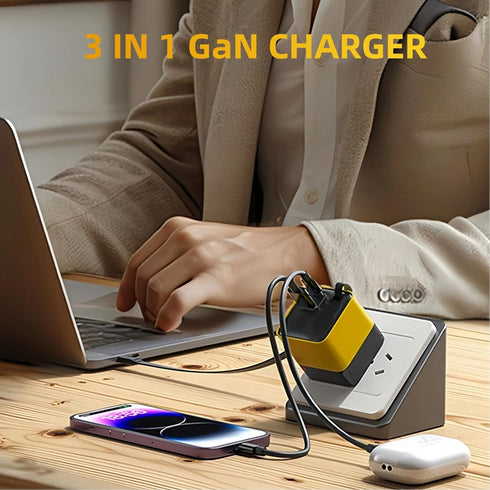 Silanit 3 1 Charger,80w 2 in GaN Fast Charger Adapter with Type-C Cable & USB Ports,Multi-Functional Retractable All