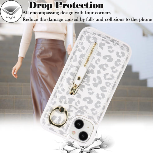 iPhone 13 Case with Card Holder, Wallet for Women, MagSafe Compatible Detachable 2-in-1 for Men - White Leopard