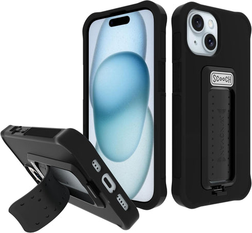 Scooch iPhone 15 Case with Stand, 5-in-1 Kickstand Case, Military Grade Drop Protection, Pop-Out Kickstand, Grip - Black