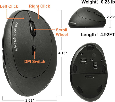 SANWA 2.4G Wireless Ergonomic Mouse, Optical Vertical Ergo Mice for Small Hands, 800/1200/1600 DPI, Black