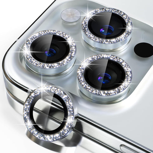 iPhone 15 Pro/Pro Max Camera Lens Protector Bling - 9H Tempered Glass, Metal Ring, Silver Glitter Decoration Accessory.