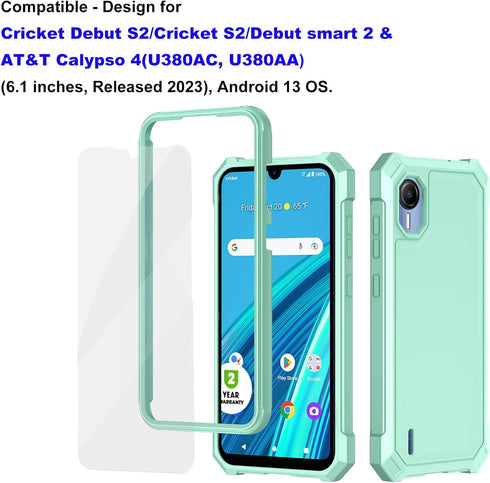 Ailiber for Cricket Debut S2 Phone Case, AT&T Calypso 4 Case with Screen Protector, 2 Layer Structure Protection, Shockproof Corners TPU Bumper, Heavy Duty Protective Cover for Cricket S2-Mint Green