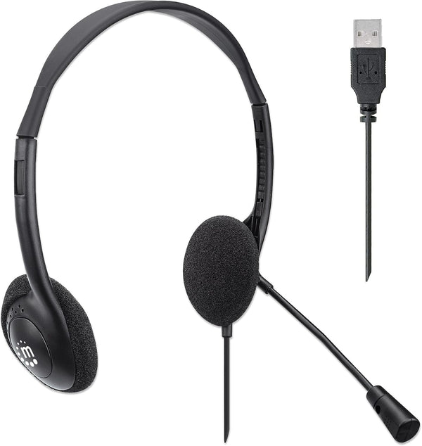 MANHATTAN USB Headset with Mic, Long 5 ft Cable, Dual-Sided Padded On-Ear, Adjustable Headband for Desktop, Laptop