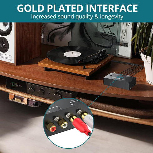 6.35MM MM 12V Phono Turntable Preamp, Mini Preamplifier with RCA Input & Headphone and RCA Output, Low Noise Operation