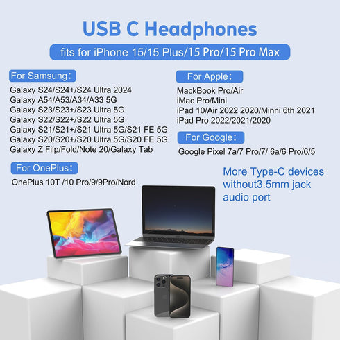 USB C Headphones for iPhone 15 Pro, Wired Earbuds with Mic & Remote Control, HiFi Stereo for Galaxy S23/S22/S21