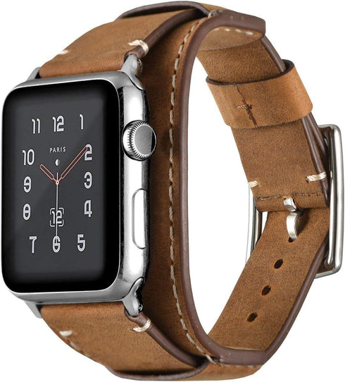 Compatible Apple Watch Band, Genuine Leather Bracelet Wrist Strap for 49mm, 46mm, 45mm, 44mm, 42mm (Cuff Brown)