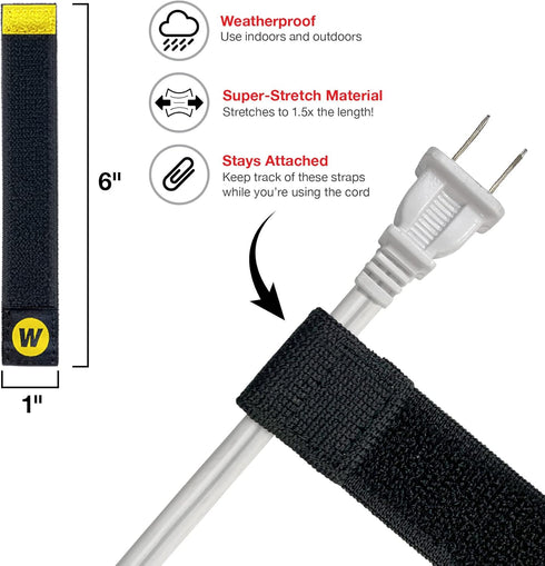Selfie Straps by Wrap-It Storage, 6-inch Black Elastic Hook and Loop Cord Organizer Wraps, 12-Pack