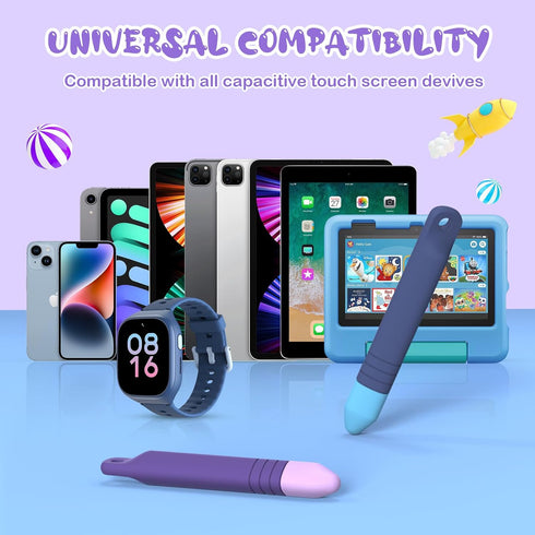 Kid-Friendly Stylus Pens for Touch Screens with Tethers, Mixoo Anti-Rolling Tablet Stylus 2 Pack for Kids, Compatible