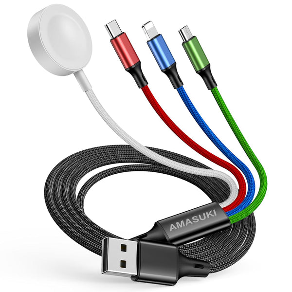 Travel 4 in 1 iWatch & iPhone Charger, Multi Charging Cable for Apple Watch and iPhone 15/14/13, 4FT