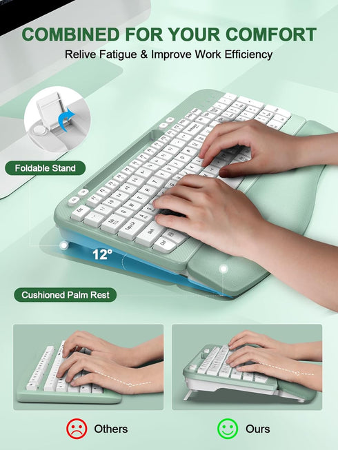 EAYBLLY 2.4GHz Ergonomic Wireless Keyboard with Cushioned Wrist Rest, Wave Keys, Phone Holder, Comfortable Natural