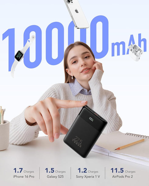 VEGER 22.5W 10000mAh Pack, 17 16 S25 Portable Charger, Ultra Slim Fast Charging with Built in Cable, Flight-Safe USB C