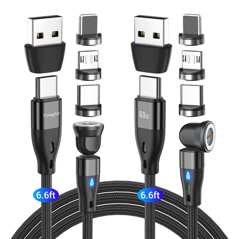 PD 60W USB C Magnetic Charging Cable 2Pack/6.6ft, 3A Fast Charging Data Transfer USB C/A to USB C