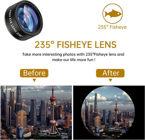 COSULAN Phone Camera Lens 3 in 1 Kit - 235° Fisheye Lens + 25X Macro Lens + 0.62X Wide Angle Lens for Smartphones