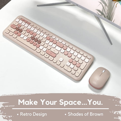 X9 Colorful Wireless Keyboard and Mouse Combo - 2.4Ghz - Cute Set for PC and Chrome (110 Keys, 18 Shortcuts, Brown)