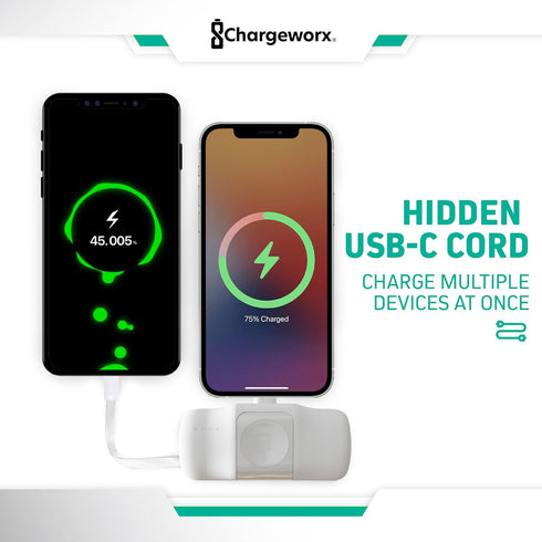 3-in-1 Portable Charger 5000 mAh Battery, Ultra-Compact Fast Charging for iPhone, USB-C Devices, Smartwatch (White)