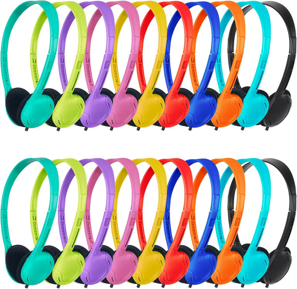 Kids Headphones Bulk 20 Pack for School Classroom, Class Set of Headphones for Students, 3.5mm Jack (10 Multi Color)