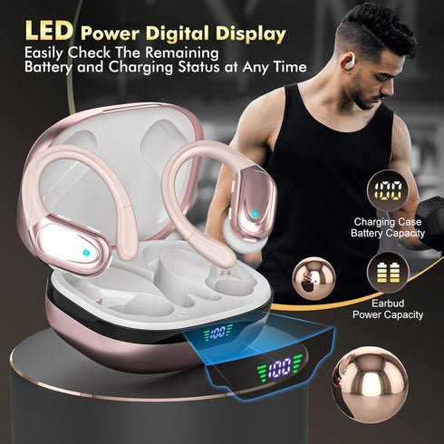 Wireless Earbuds Bluetooth Headphones, 80hrs Playback, Noise Canceling Mic with Earhooks for Sports/Workout/Running