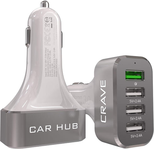 Crave CarHub 54W 4 Port USB Car Charger, Qualcomm Quick Charge 3.0 - White