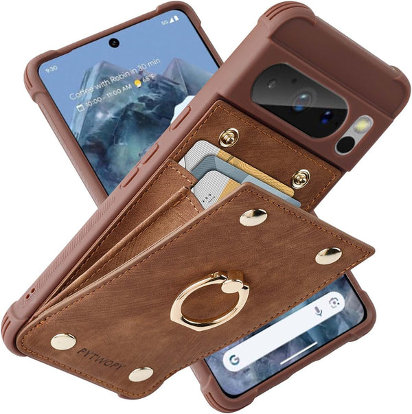 Google Pixel 8 Pro 5G Wallet Case, Leather Shockproof Cover with Credit Card Holder, 360° Rotation Ring Stand, RFID