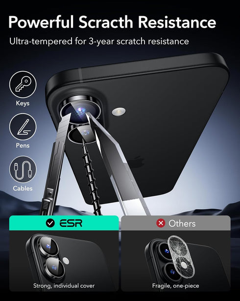 ESR 2 Pack Ultra-tough HD Camera Lens Protector for iPhone 16/16 Plus, Scratch Resistant, Armorite Series, Black