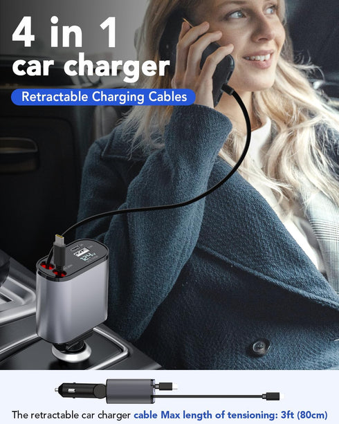 Retractable Car Charger, 4 in 1 Fast Phone Charger 66W with 2 Retractable Cables for iPhone 15/14/13/12/11