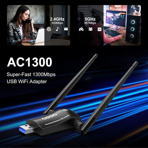 Wireless WiFi Adapter for Desktop PC - QGOO AC1300Mbps USB 3.0 Network Dongle with 5dBi High Gain Dual Antennas, Dual Band 2.4G/400Mbps 5G/867Mbps for Laptop Computer Compatible Windows11/10/8/7