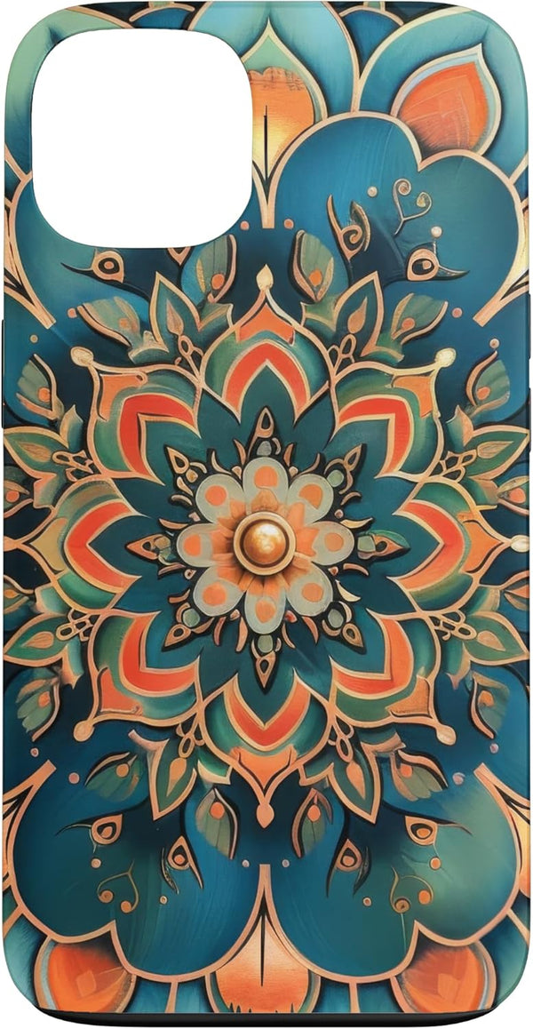 Colorful Mandala Gear iPhone 13 Teal and Salmon Mandala Pattern Case