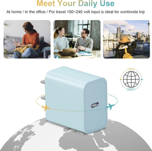 iPhone 16 Charger Block, 20W Fast Charging USB C Wall Power Adapter Cube for iPhone, iPad, Samsung - Blue