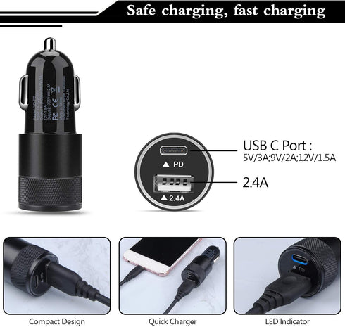 USB C Fast Car Charger, 30W 3.0 PD Type C Car Adapter, 2 Port USB C Car Plug Compatible for iPhone 15/14/13/12 Pro