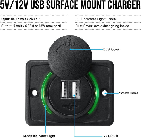 12V RV USB Charger, Quick Charger 3.0 Wall Mount USB Charging Station for Car Camper Boat Marine (Black A74)
