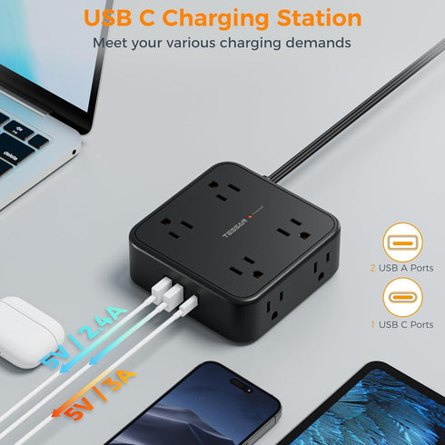 Long Extension Cord 25 FT, TESSAN Ultra Thin Flat Plug Power Strip with 8 AC Outlets and USB Charger